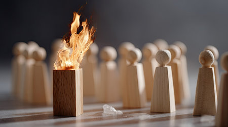 A wooden speaker figure on fire facing a crowd of neutral wooden listeners, symbolizing powerful, passionate speechの素材