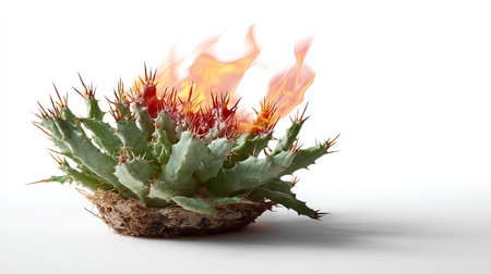 Cactus plant cracked and flaming in the center, set against a clean white background for dramatic effectの素材