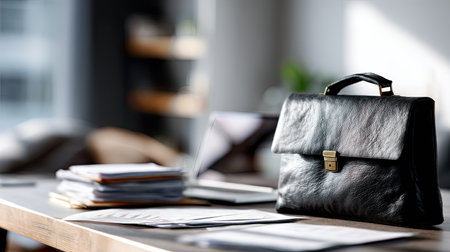 Close-up of a man's leather briefcase on a desk in an office, surrounded by papers and a laptop, symbolizing work and productivityの素材