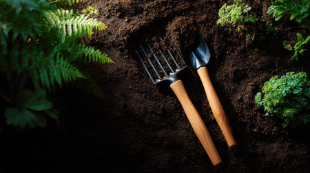 A wooden-handled rake and shovel resting on rich, dark soil in a well-maintained garden, ready for spring plantingの素材