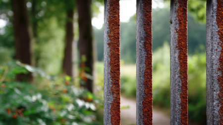 A weathered metal fence with vertical slats and subtle rust marks, providing a charming and aged pattern for an outdoor spaceの素材