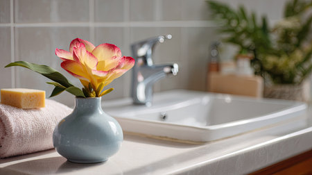 A peaceful bathroom setting with a vase holding a colorful flower placed near a sleek sink, enhancing the spa-like atmosphereの素材