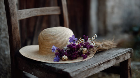 A vintage straw hat with flowers tucked in the brim, resting on a rustic wooden chairの素材