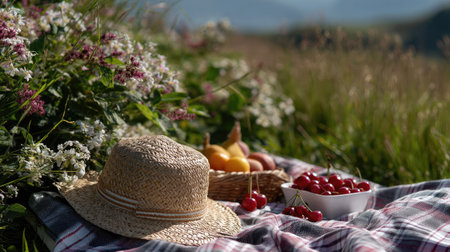A picnic scene with a straw hat, fresh fruit, and a checkered blanket in a meadowの素材