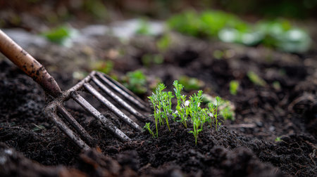 Close-up of a garden rake lying on top of dark, loose soil with small, freshly planted seedlings growing from the rich earthの素材
