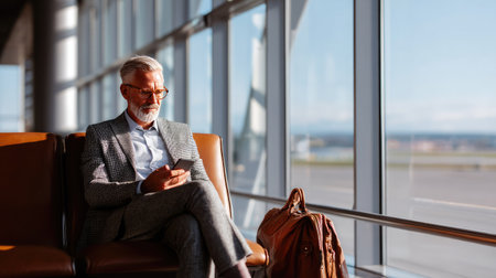 Businessman in a sharp suit sitting at an airport lounge, with a leather briefcase next to him as he checks his phoneの素材