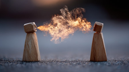 A wooden figure speaking while fire bursts from its mouth toward another figure, concept of hurtful communicationの素材