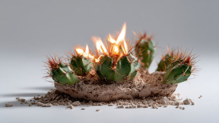 Cactus plant cracked and flaming in the center, set against a clean white background for dramatic effectの素材