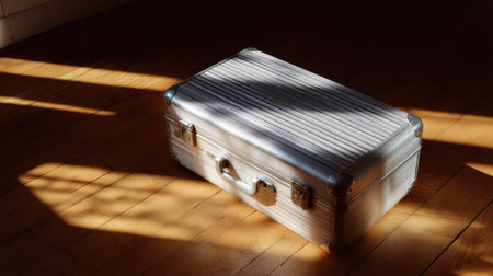 A wide shot of an empty aluminum suitcase placed on a wooden floor with soft light casting shadows over the surfaceの素材