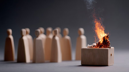 A wooden speaker figure on fire facing a crowd of neutral wooden listeners, symbolizing powerful, passionate speechの素材
