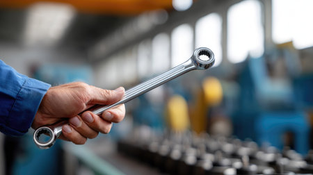 A worker's hands holding a stainless steel spanner, preparing to use it on a machinery part in a clean, industrial environmentの素材