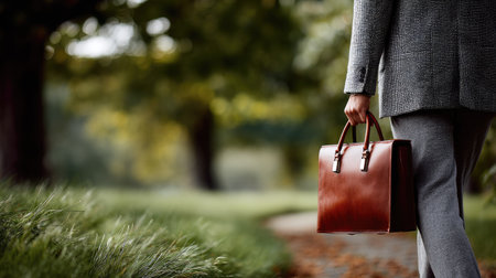Casual businessman walking in the park with a leather briefcase, wearing a smart blazer and enjoying his breakの素材