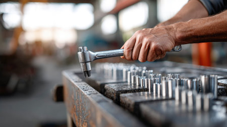 A worker adjusting a large machine using a stainless steel spanner from a tool set, showcasing the tool's strength in industrial useの素材