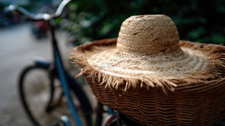 A well-worn straw hat with visible frays placed atop a vintage bicycle basketの素材