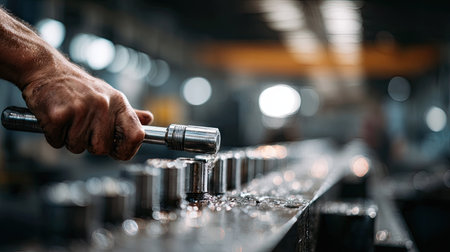 A worker adjusting a large machine using a stainless steel spanner from a tool set, showcasing the tool's strength in industrial useの素材