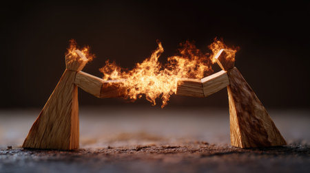 Two wooden people reaching toward each other with flames between them, concept of love and dangerの素材