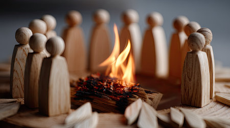 Wooden figures gathered around a burning center piece, symbolizing passionate group discussionの素材