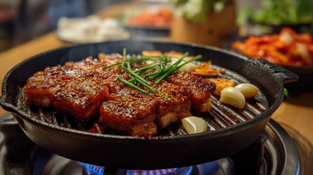 Pork belly on a Korean BBQ grill pan over gas flame, surrounded by garlic and kimchiの素材