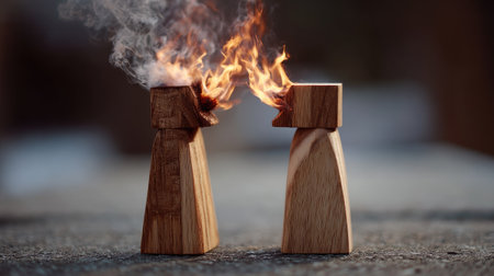 Wooden human-shaped figurines facing each other with fire rising between them, symbolizing heated communicationの素材