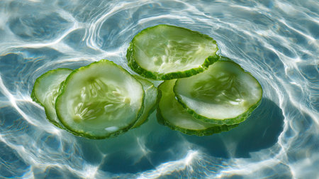 Close-up of three cucumber slices floating together on the surface of water, with soft shadows and highlightsの素材