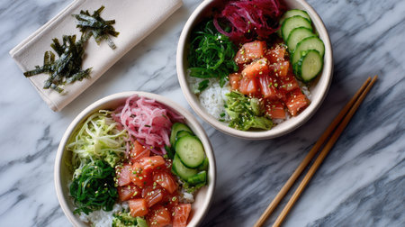 Pair of poke bowls on a marble surface, perfect for lunch takeout, with chopsticks and napkins besideの素材