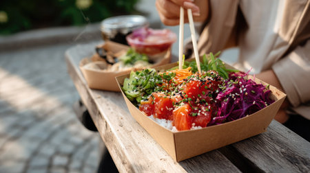 Urban street food vibe with poke bowl takeout being enjoyed on a bench, chopsticks in hand, vibrant toppings visibleの素材