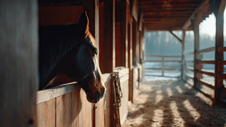 Side view of a horse in a well-lit wooden stall, barn tools and halters hanging neatly on nearby wallsの素材