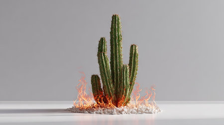 Tall cactus centered on white background with controlled flames curling around its base, surreal and striking visualの素材