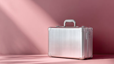 Stylish empty aluminum suitcase placed on a soft pastel-colored background, emphasizing its sleek designの素材