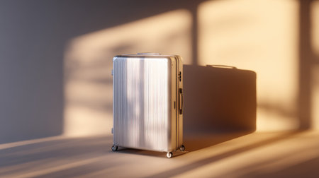 Silver aluminum suitcase placed vertically with its lid slightly open, positioned on a gradient light backgroundの素材