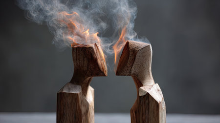 Wooden human-shaped figurines facing each other with fire rising between them, symbolizing heated communicationの素材