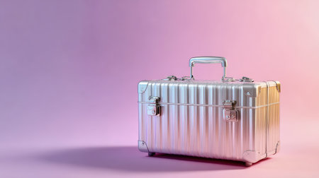 Stylish empty aluminum suitcase placed on a soft pastel-colored background, emphasizing its sleek designの素材