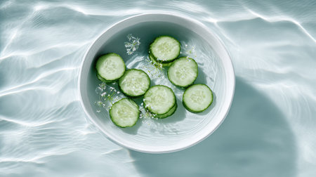 Overhead view of cucumber rounds drifting on calm water in a white ceramic basin, minimalistic spa sceneの素材