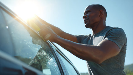Man in casual clothing cleaning a car window with a squeegee on a bright, sunny dayの素材