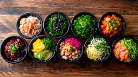 Takeout poke bowls displayed in a row, each with different protein and base options like rice, greens, or noodlesの素材