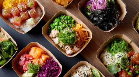Overhead view of assorted poke bowls in takeout packaging, showcasing a variety of proteins and colorful toppingsの素材
