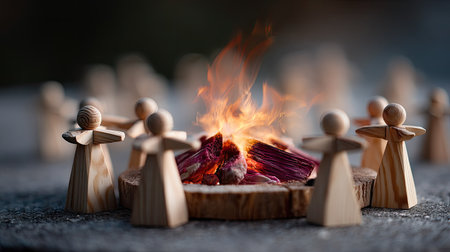 Wooden figures gathered around a burning center piece, symbolizing passionate group discussionの素材