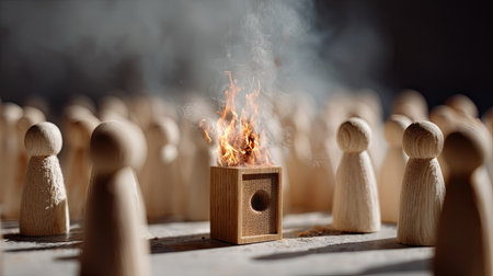 A wooden speaker figure on fire facing a crowd of neutral wooden listeners, symbolizing powerful, passionate speechの素材