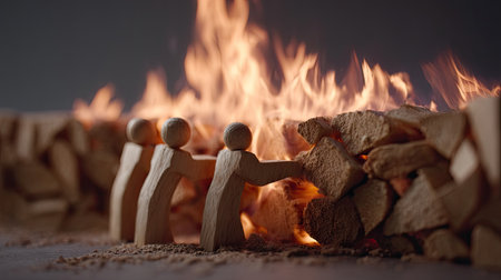 Wooden figurines trying to reach each other through a wall of fire, metaphor for difficult conversationsの素材