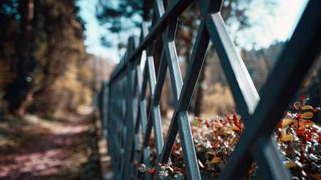 A metal fence with a geometric design, creating a futuristic pattern that stands out against the surrounding natureの素材