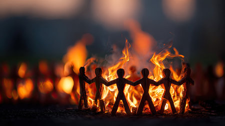 Silhouetted wooden people engulfed in fire together, representing collective anger or shared emotionの素材