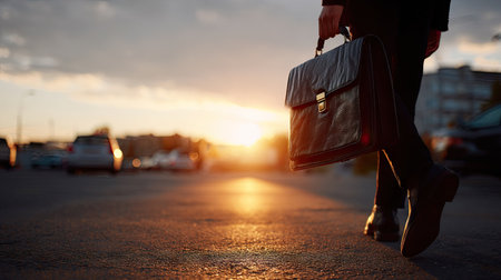 Man carrying a leather briefcase while walking to his car, with the sun setting in the backgroundの素材