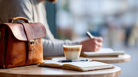 Man sitting in a coffee shop with a leather briefcase beside him, taking notes in a notebook and preparing for workの素材