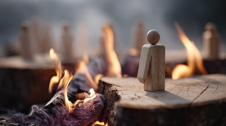 One wooden figure turned away while others burn, representing isolation and miscommunicationの素材