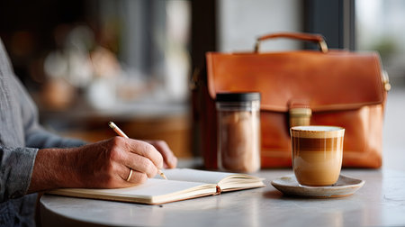 Man sitting in a coffee shop with a leather briefcase beside him, taking notes in a notebook and preparing for workの素材