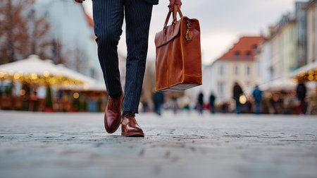 Man in a tailored suit walking through a busy city center with a leather briefcase in hand, symbolizing business successの素材