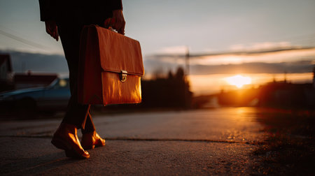Man carrying a leather briefcase while walking to his car, with the sun setting in the backgroundの素材