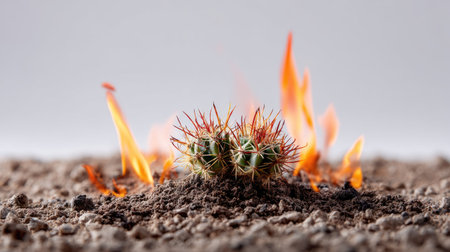 Minimalist shot of a small cactus with fire blazing around it, isolated on white, symbolizing contrast and survivalの素材