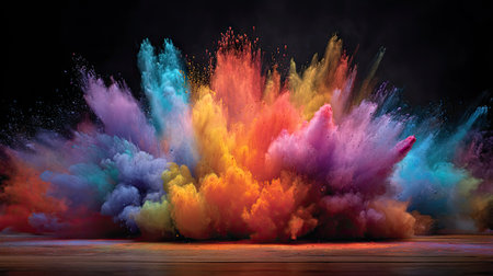 Bright Holi powder in a chaotic burst, forming a spectrum of colors with visible movement and texture in mid-airの素材