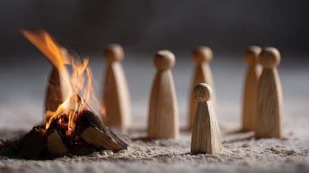 One wooden figure turned away while others burn, representing isolation and miscommunicationの素材